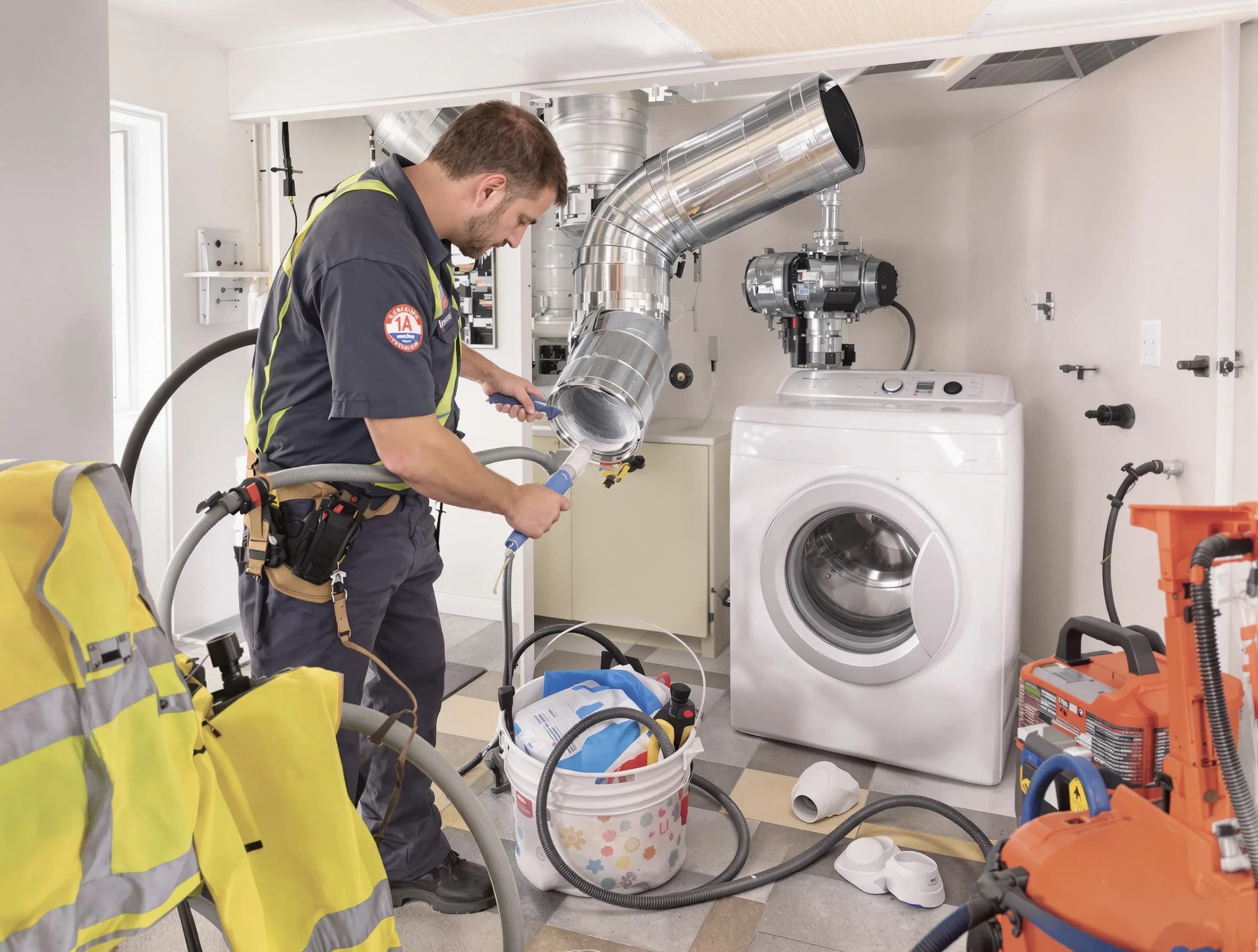 Newport Beach Dryer Vent Cleaning technician using specialized equipment to clear severe dryer vent blockage in Newport Beach